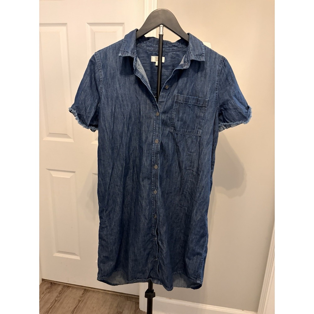 True Craft Frayed Sleeve Denim Shirt Dress Junior L Western Chic Fall Transition